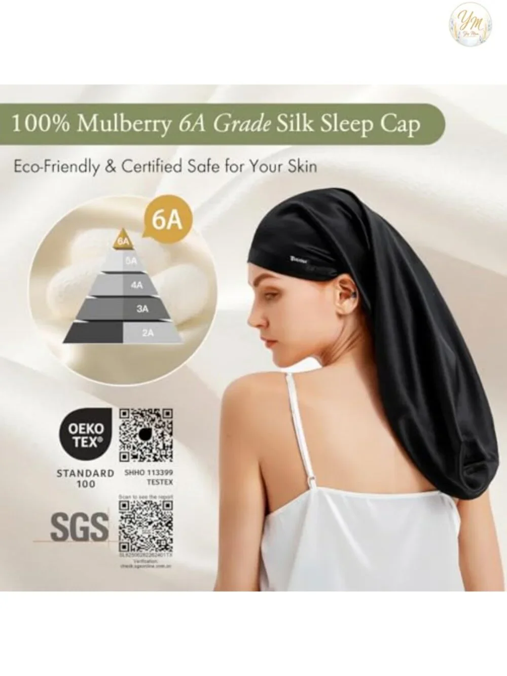 Mulberry Silk Sleep Cap - 100% 19 Momme Long Bonnet for Curly Hair, Night Cap